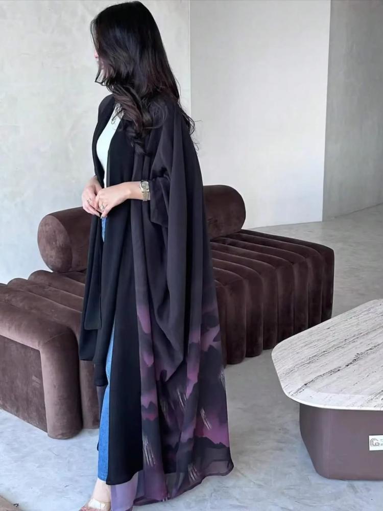 عباية نسائية فضفاضة بربطة عنق وأكمام طويلة أمامية مفتوحة أنيقة