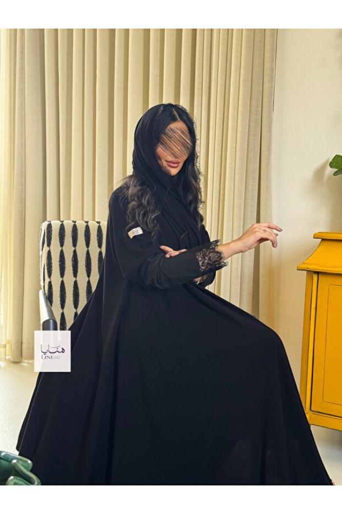 عباية دبل كلوش كريب ملكي كم استريتش مع دانتيل