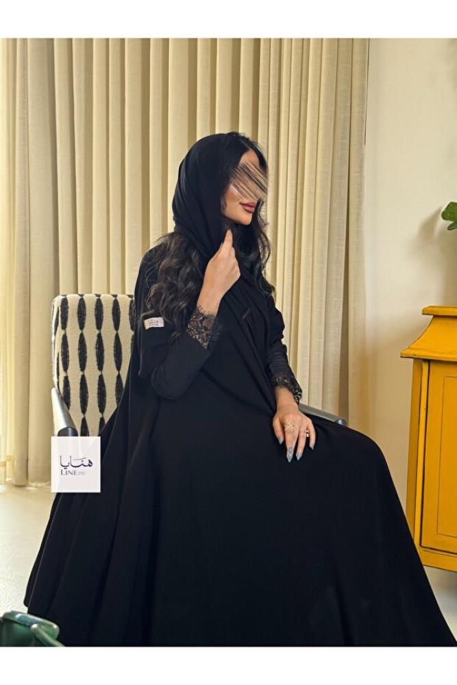 عباية دبل كلوش كريب ملكي كم استريتش مع دانتيل