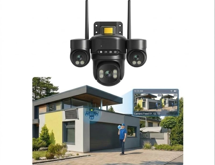 كاميرا مراقبة HONTON الذكية بالطاقة الشمسية - 4 عدسات بدقة 16K Ultra HD ودعم 4G/5G و Wi-Fi