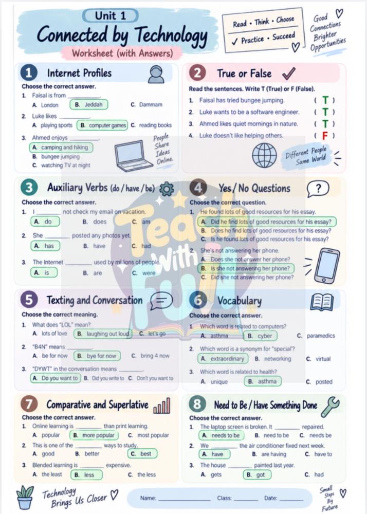 ورقة عمل الوحدة الأولى انجليزي ثاني مع الحل ف1