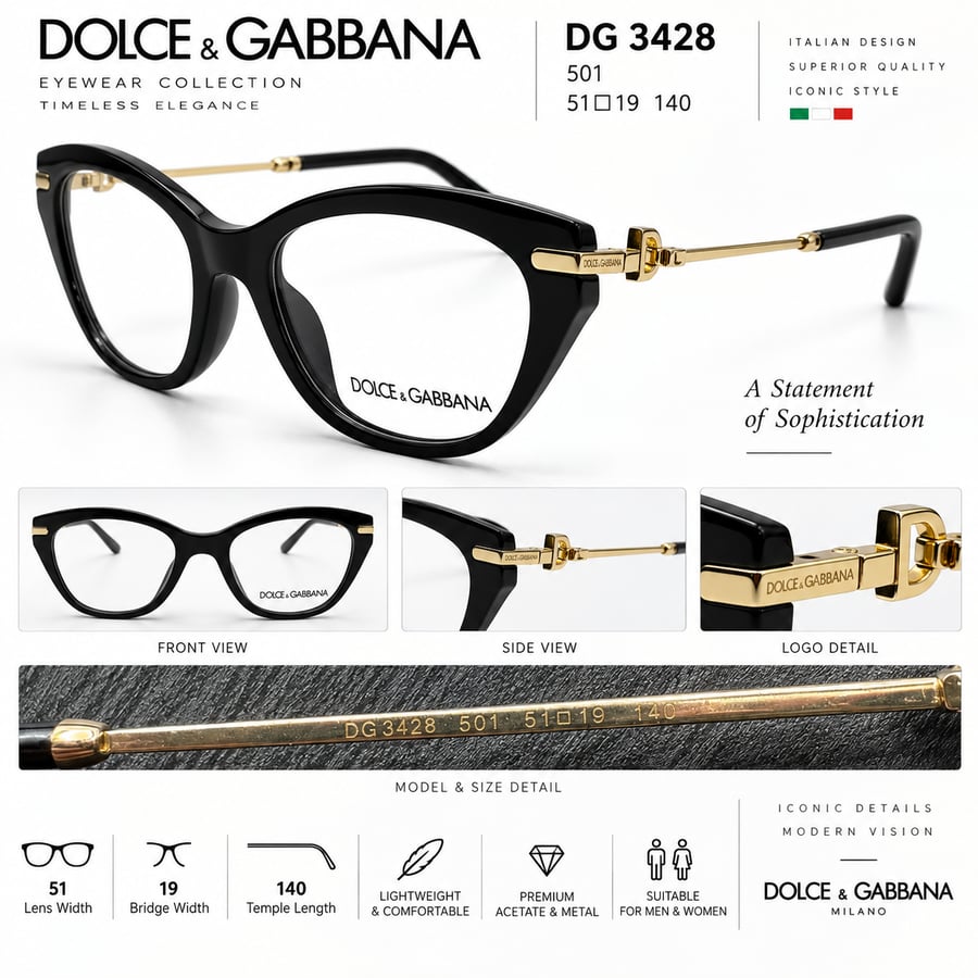 نظارة طبية Dolce & Gabbana DG 3428 501 – أسود وذهبي