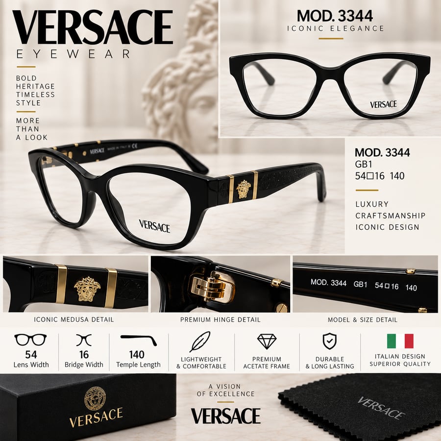 نظارة طبية Versace MOD. 3344 GB1 أسود وذهبي
