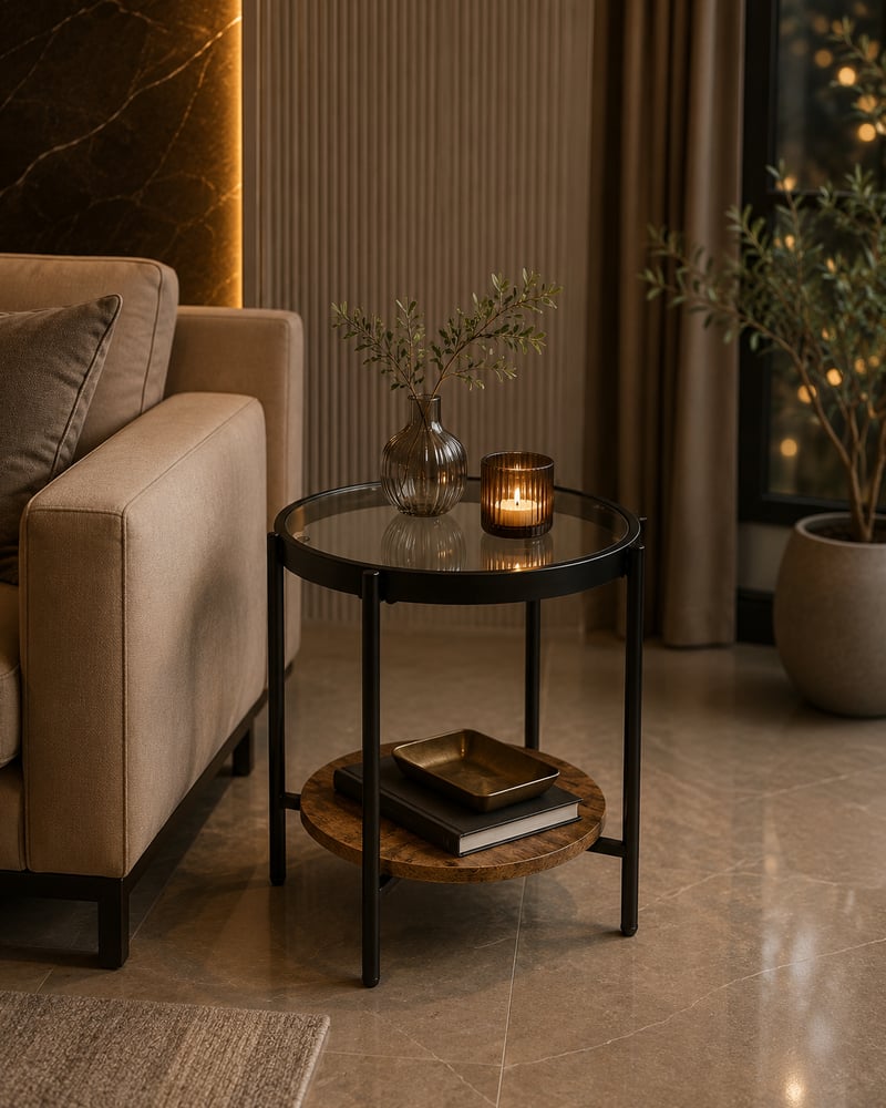 طاولة خدمة مفردة خشب وزجاج دائرية بني