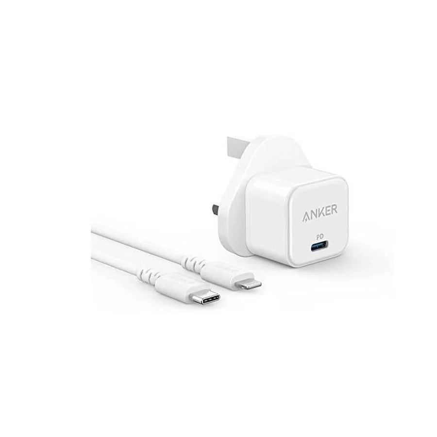 شاحن جداري انكر باور بورت بقوة 20 واط بمنفذ USB-C مع كيبل تايب سي الى لايتنينق - ابيض