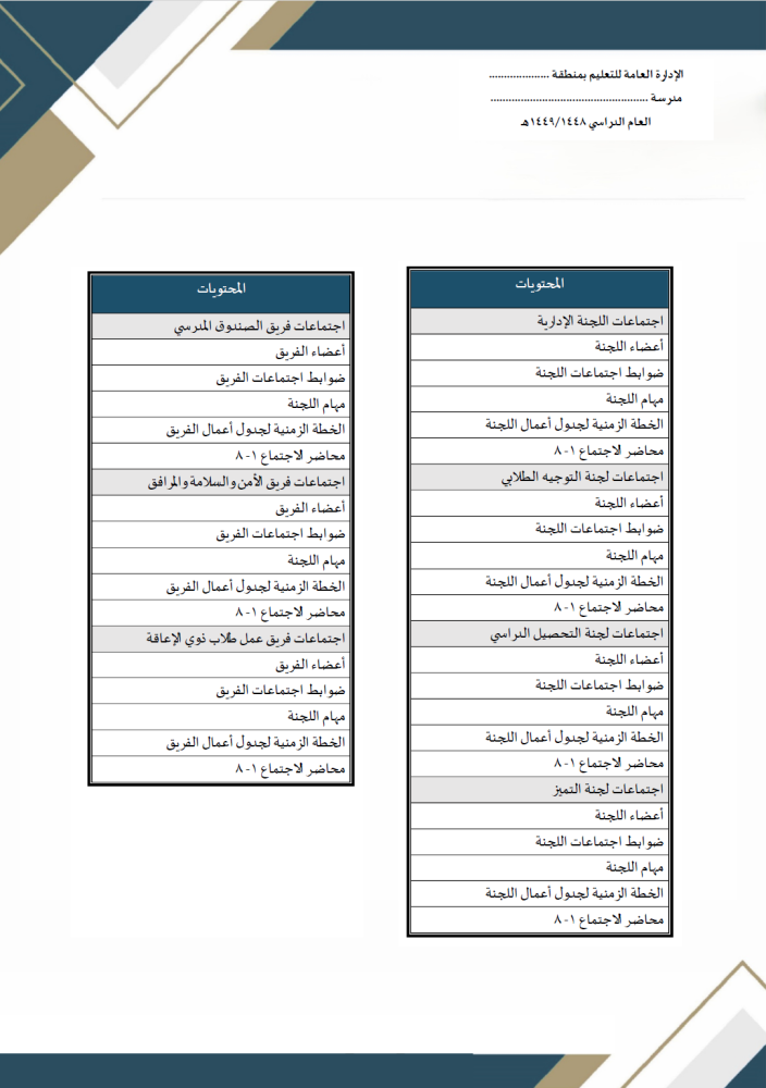 سجل محاضر اجتماعات اللجان والفرق المدرسية (56 محضر متوافقة مع الدليل التنظمي جاهز للتوقيع)
