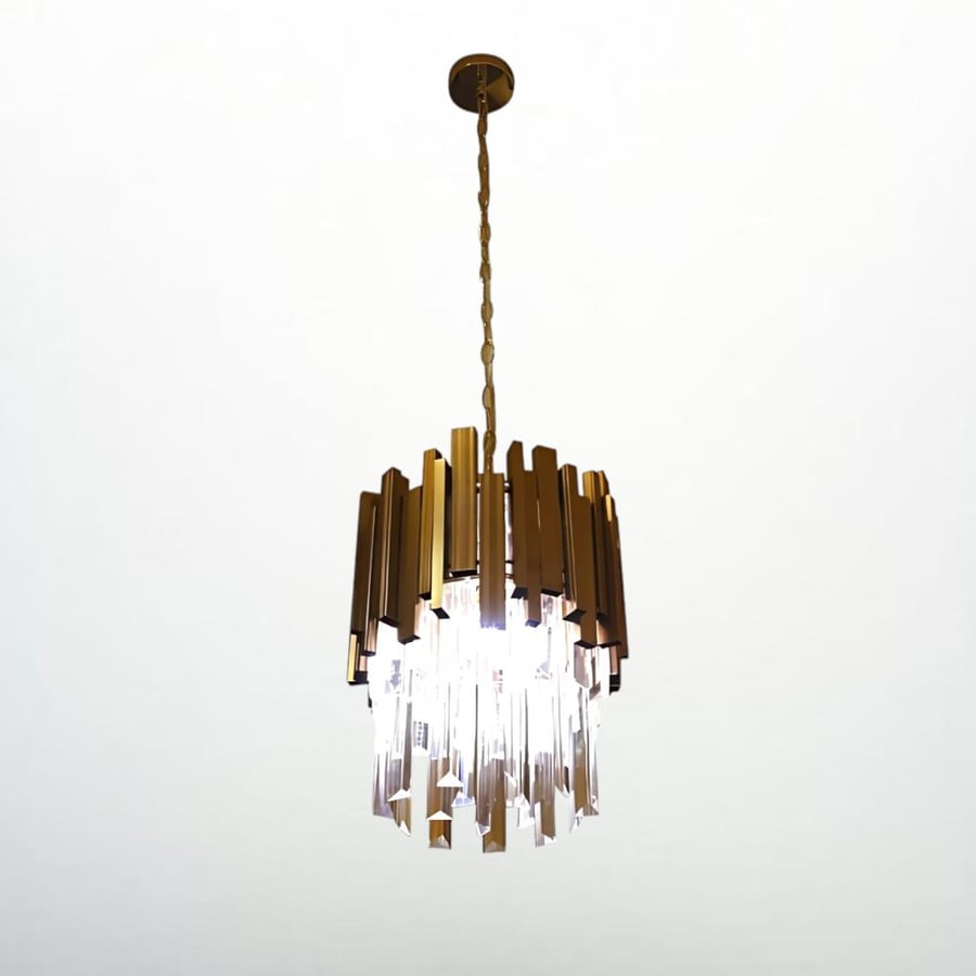 Crystal chandelier with gold color, luxurious design, and sparkling lighting, diameter 28 cm