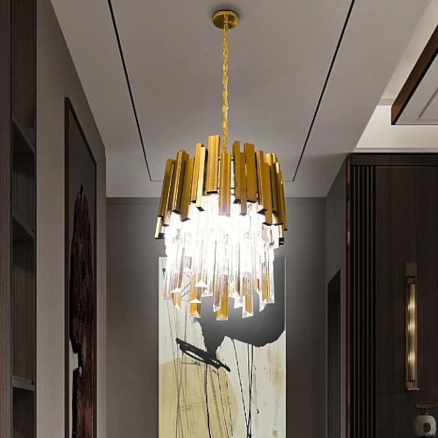 Crystal chandelier with gold color, luxurious design, and sparkling lighting, diameter 28 cm