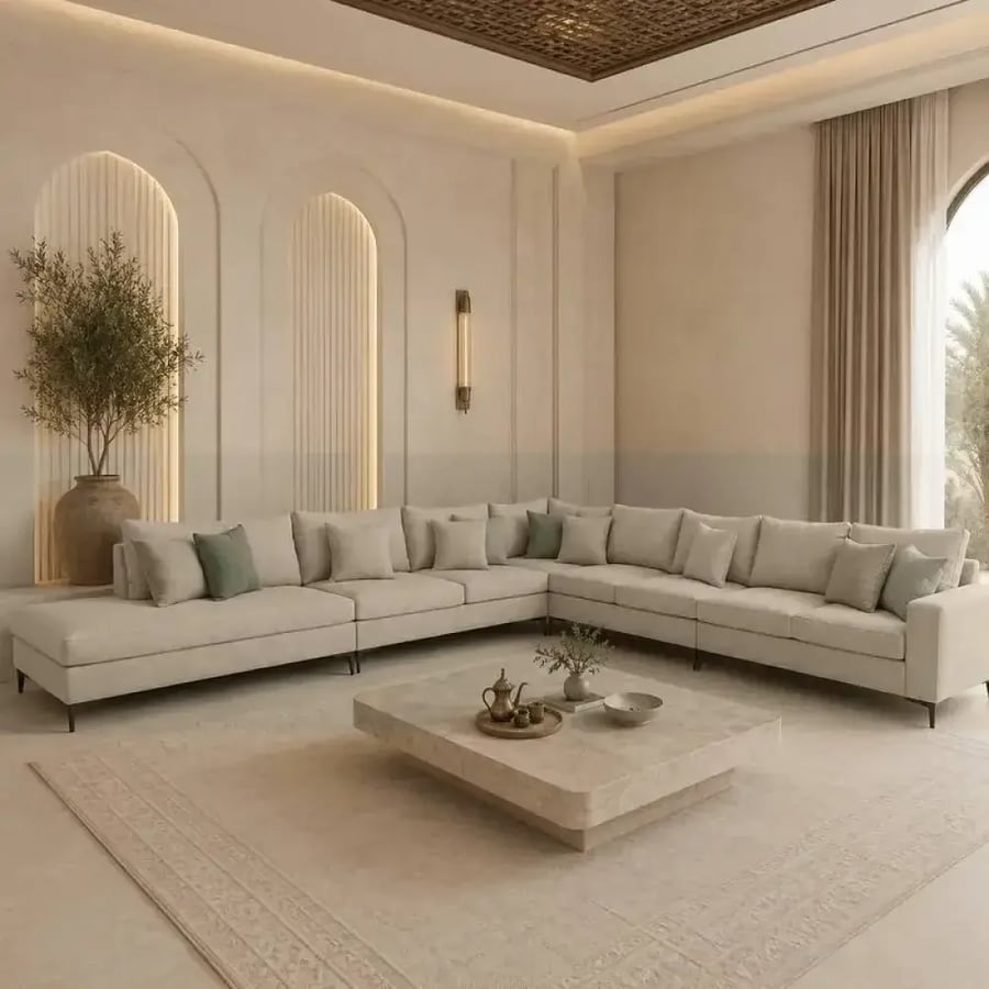 كنب شانيل بيج زاوية مودرن بوسائد زينة وأرجل معدنية – 3.5 × 3.5 م