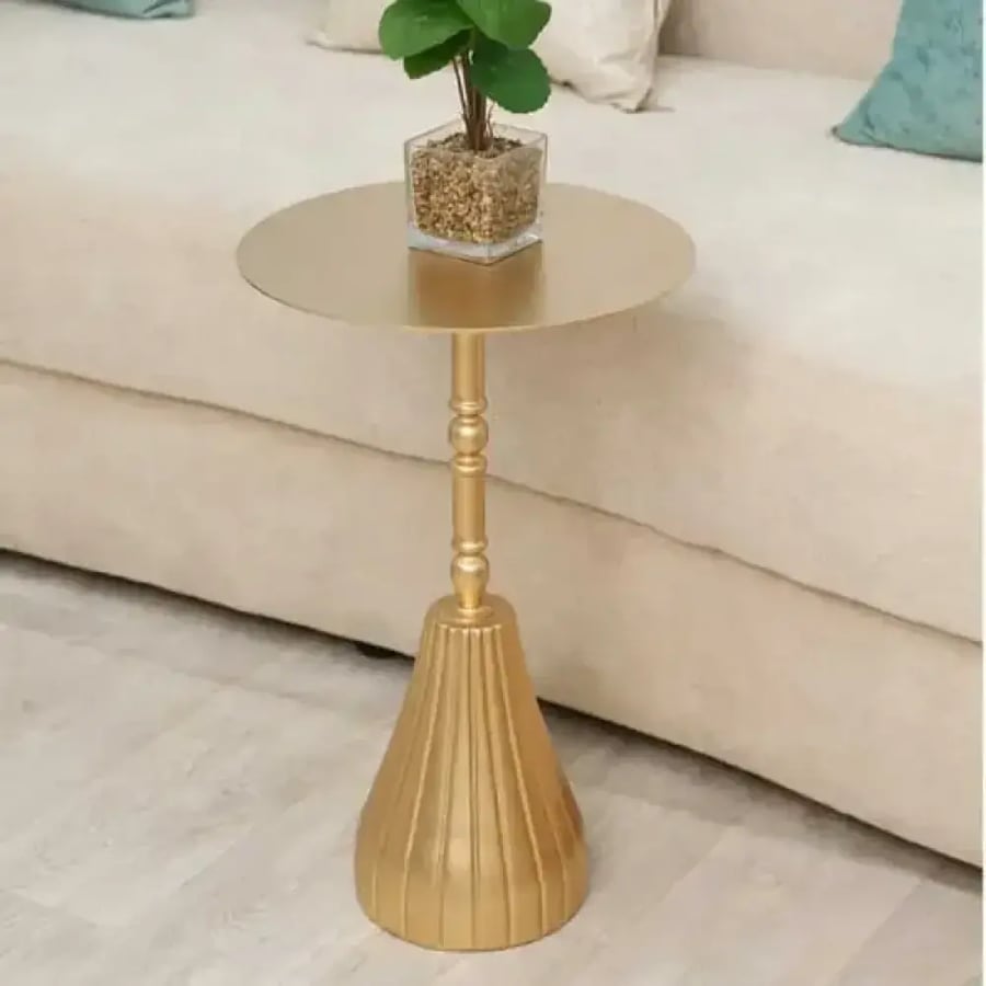 الطاولة باللون الذهبي وعليها نبتة