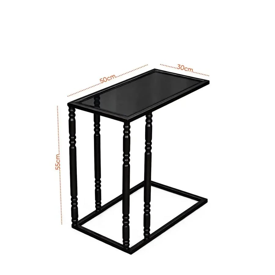 Rectangular service table with modern design – sturdy metal legs with black glass surface