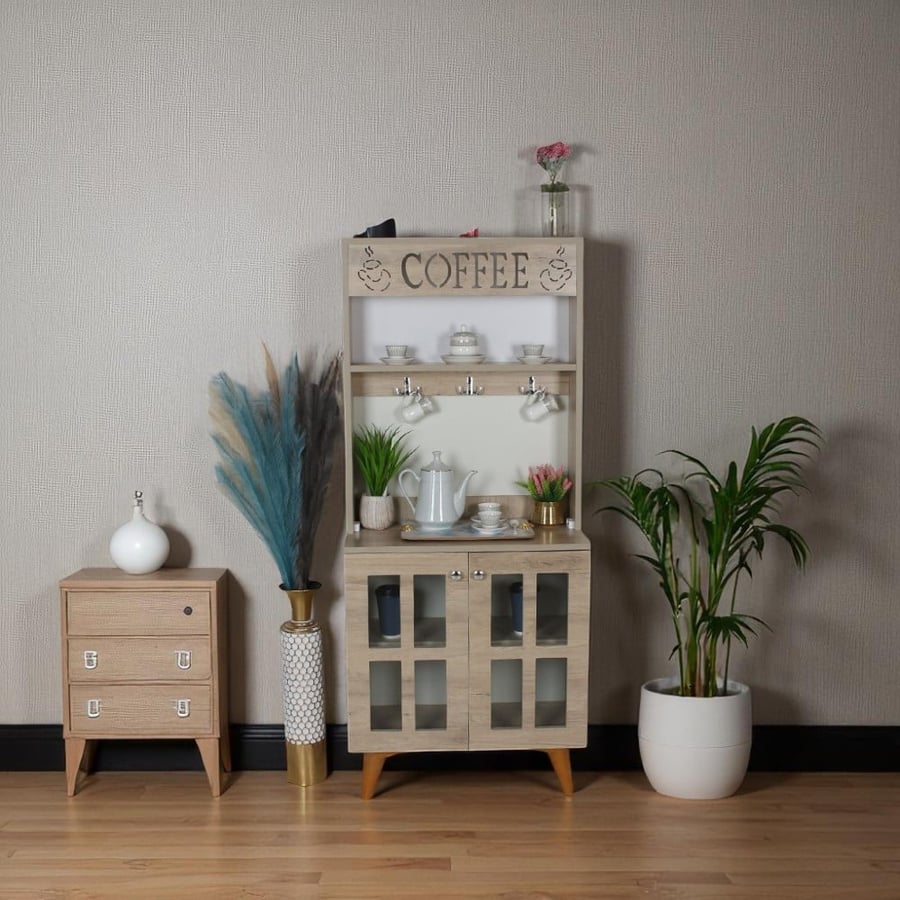 Wooden coffee corner with shelves and cup hangers