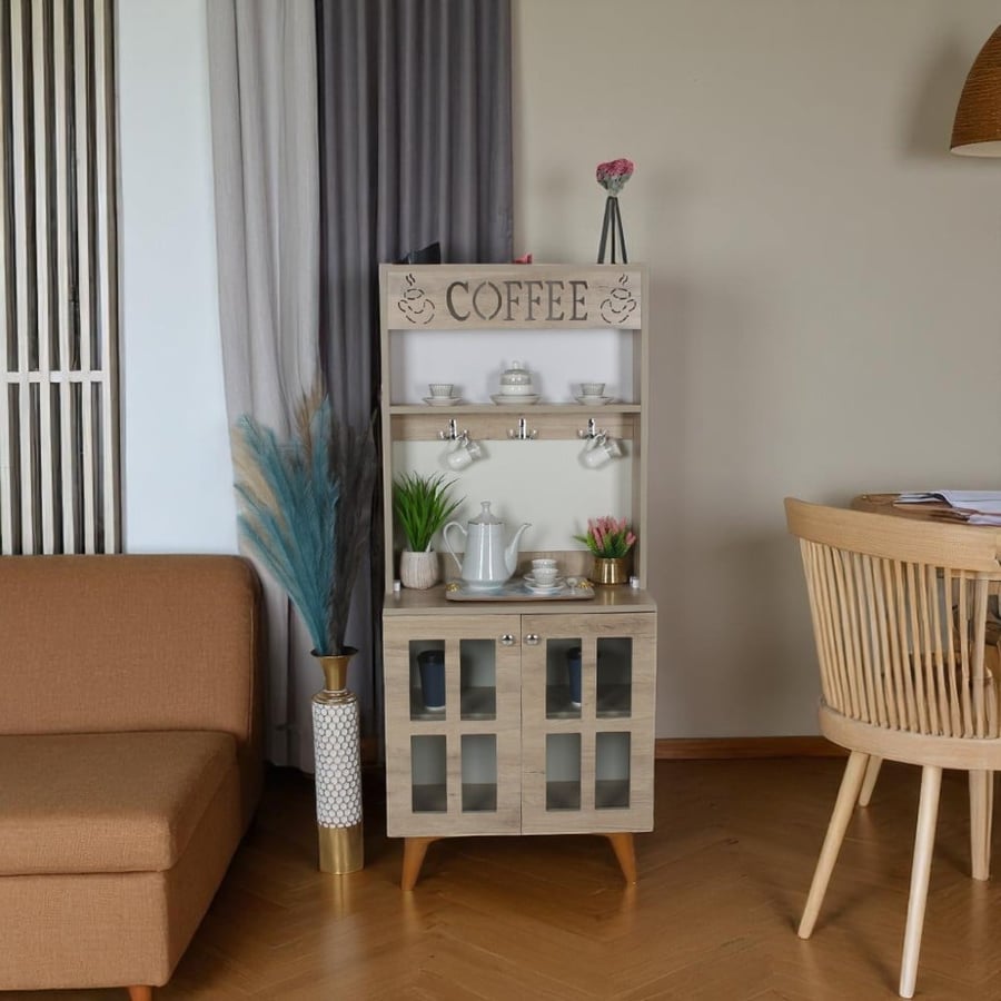 Wooden coffee corner with shelves and cup hangers