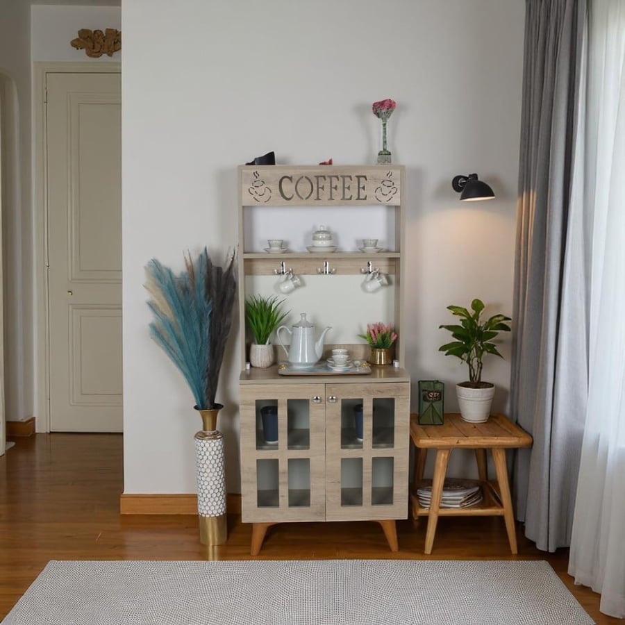 Wooden coffee corner with shelves and cup hangers
