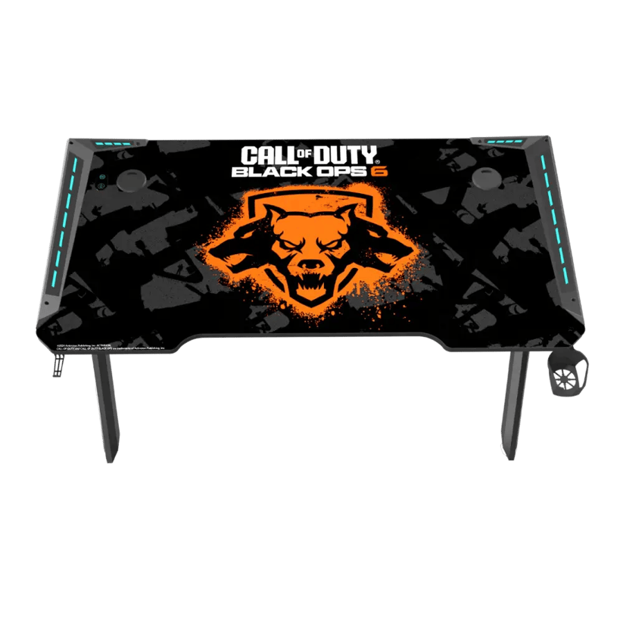 مكتب ألعاب Call Of Duty Hawksbill BLKOPS6 بإضاءة RGB متدفقة – سطح واسع مع ماوس باد، حامل سماعة وحامل كوب، أسود