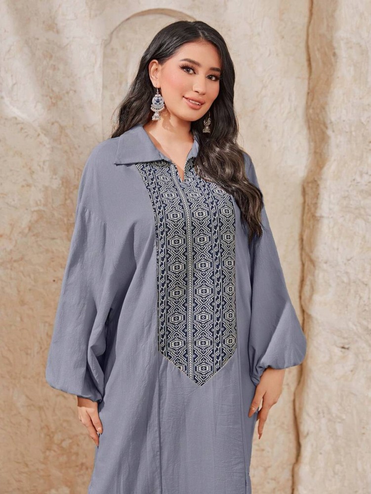 SHEIN Najma فستان نسائي بأكمام قصيرة مطبوع عليه نمط هندسي