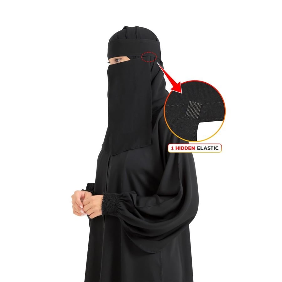 نقاب طويل ياباني ماركة  بدون إسم السعودي – نقاب أسود أنيق للنساء | مطاط مخفي واحد وحزام مزدوج الخياطة | حجاب محتشم ومريح للاستخدام اليومي