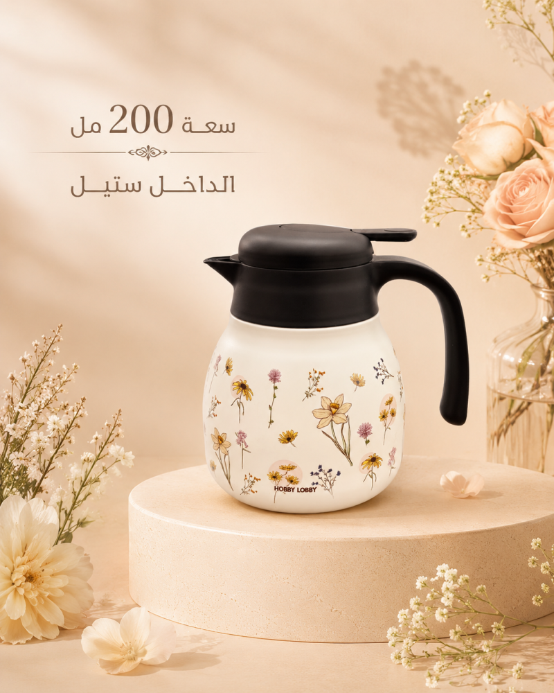 ترمس قهوة مزهر بغطاء أسود 1.2 لتر