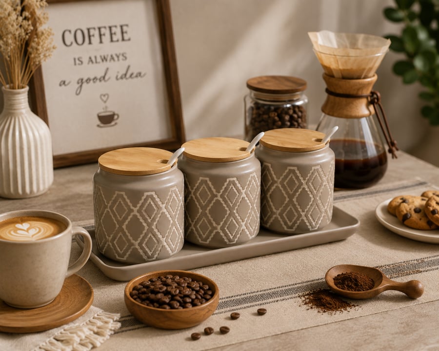Coffee canister set with marble design and a marble base