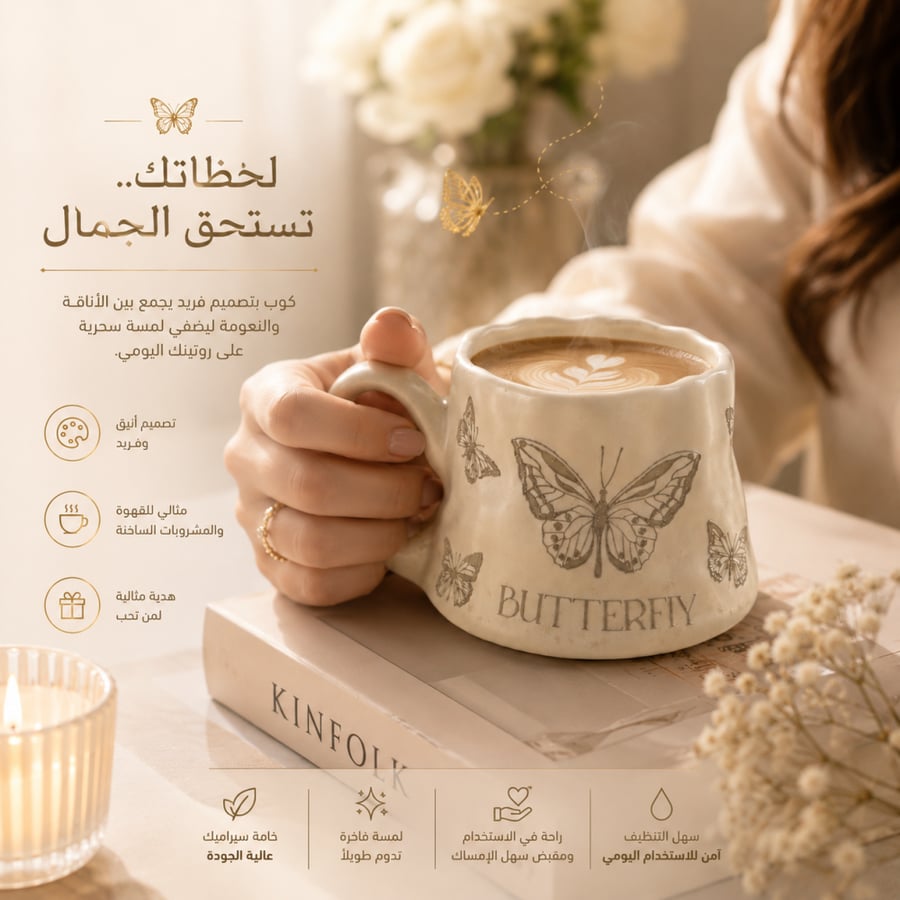 كوب قهوه  بنقشه الفراشه