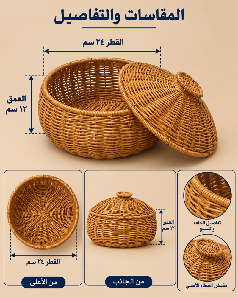 سلة خوص دائرية بغطاء قطر ٢٤ سم