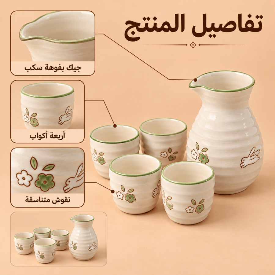 طقم جيك وأربعة أكواب بنقوش الأرانب والزهور