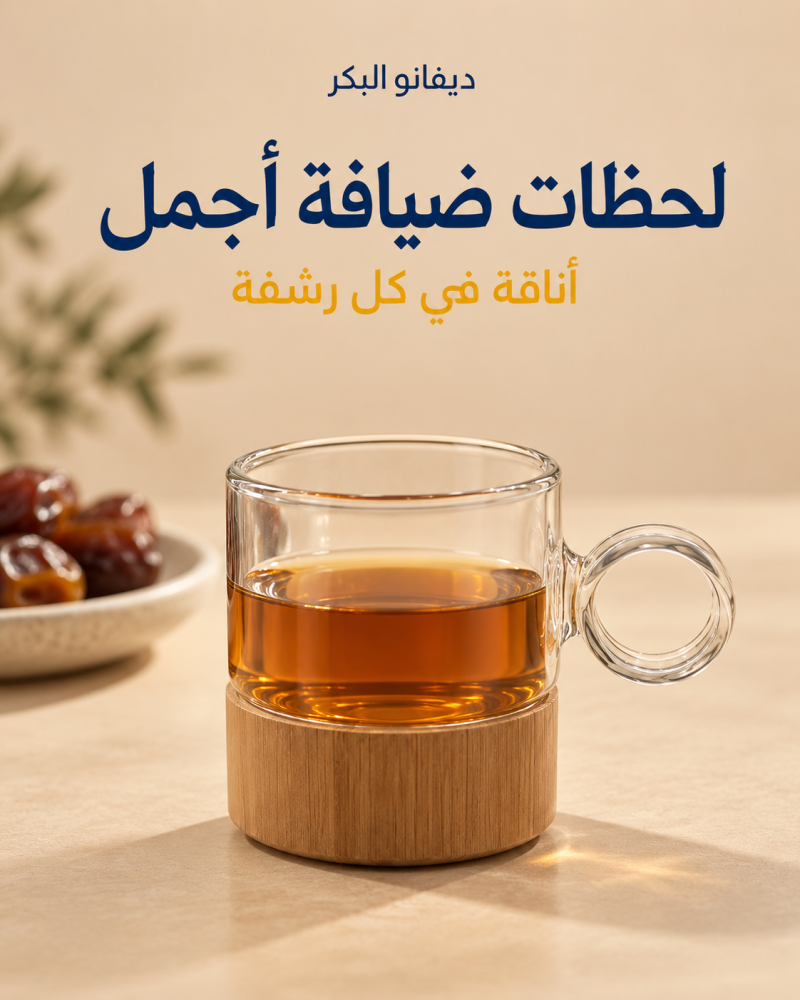 كوب زجاجي بقاعدة خشبية ومقبض دائري