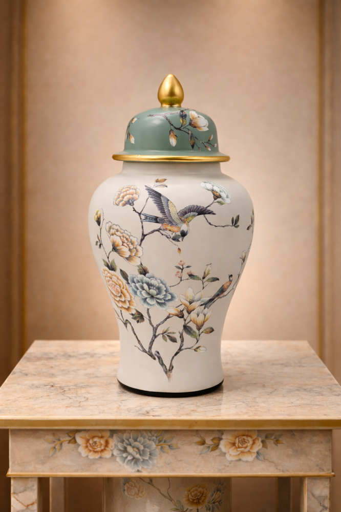 Luxury porcelain vase with green lid and golden details