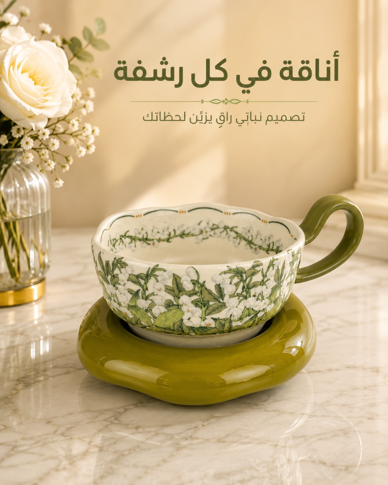 كوب سيراميك بمقبض وصحن