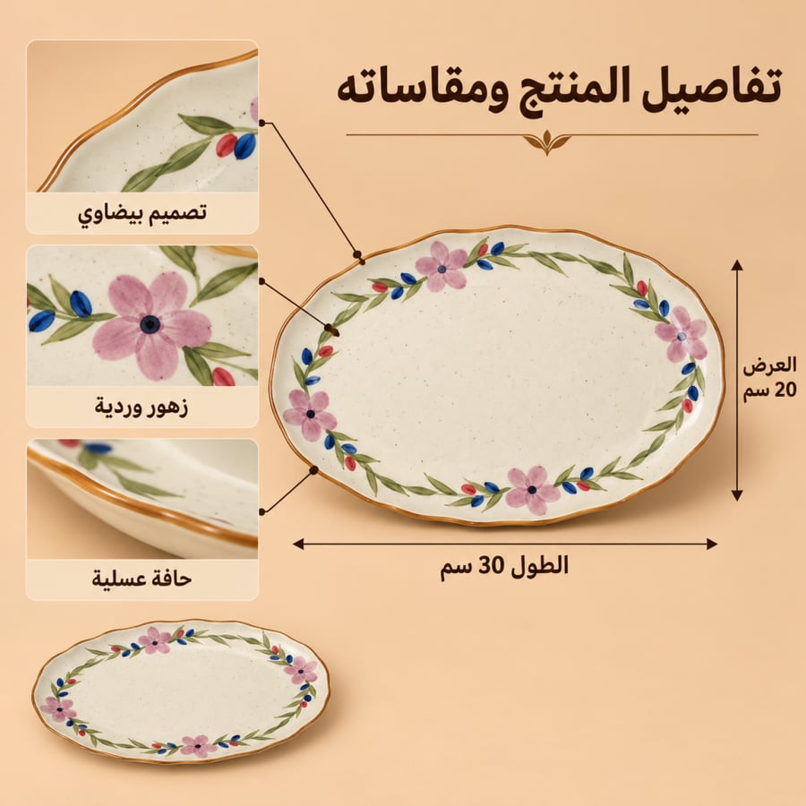صحن تقديم بيضاوي بزهور وردية — 30 × 20 سم