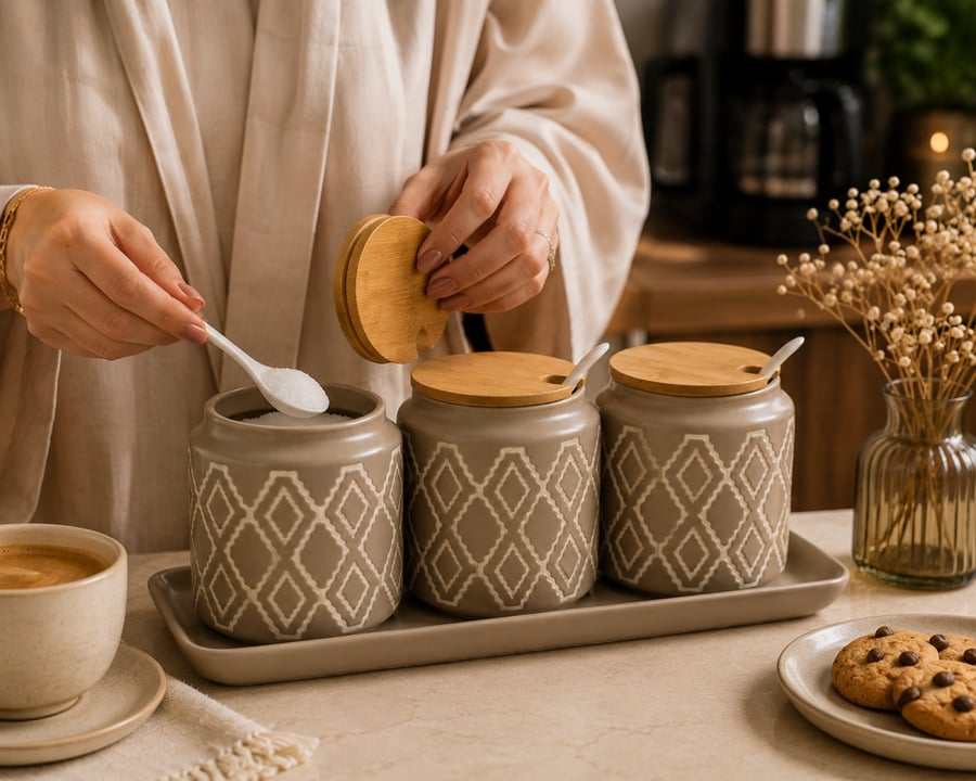 Coffee canister set with marble design and a marble base