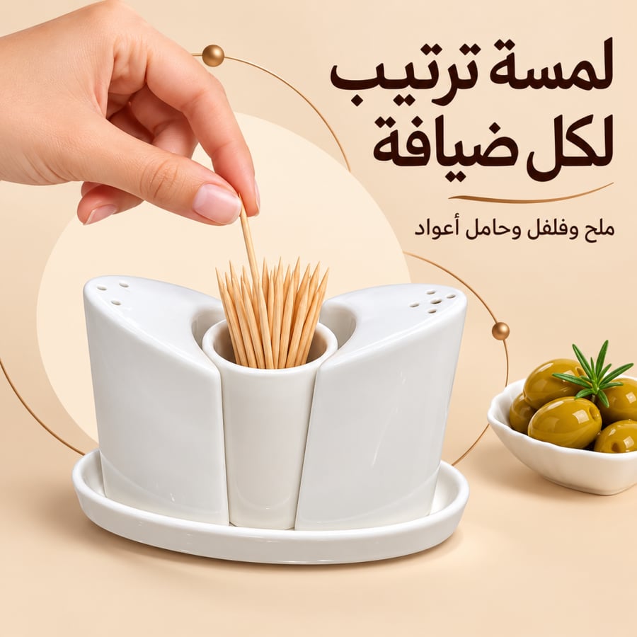 طقم ملح وفلفل أبيض منحني مع حامل أعواد
