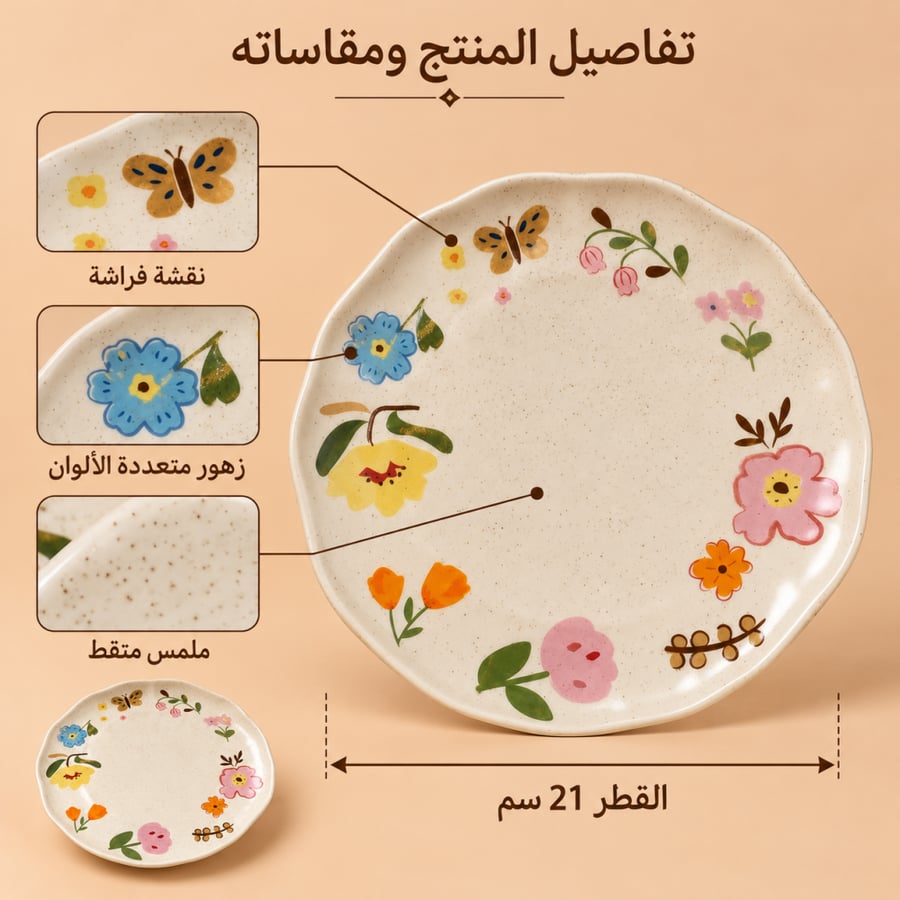 صحن تقديم بنقوش الفراشة والزهور الملونة — 21 سم