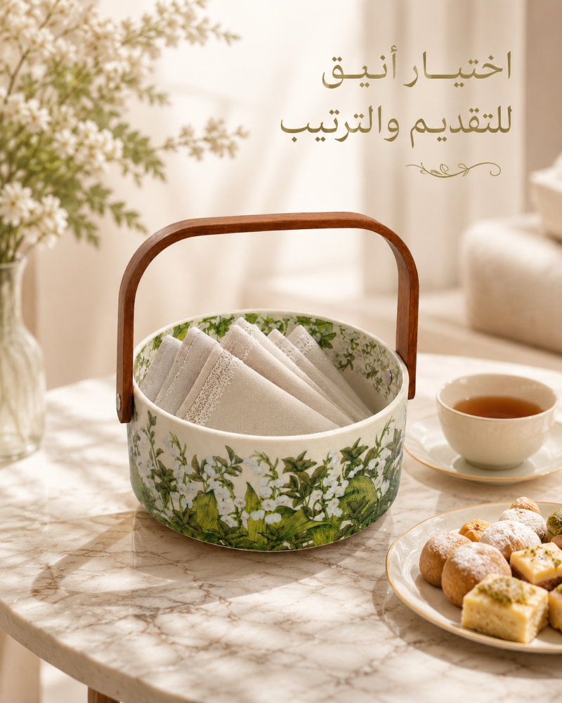 سلة تقديم دائرية بمقبض خشبي