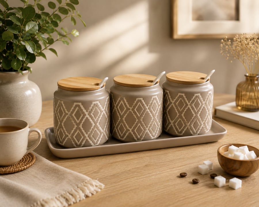 Coffee canister set with marble design and a marble base