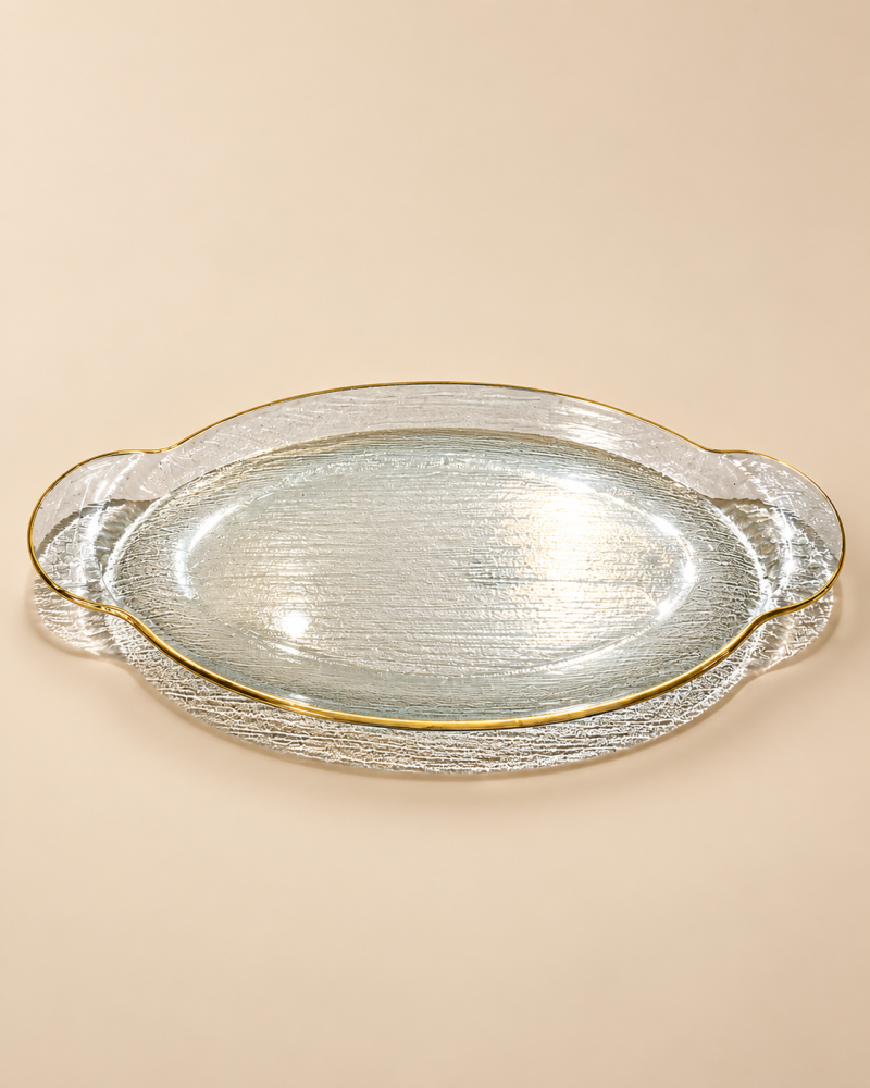 صينية تقديم زجاجية بيضاوية بحواف ذهبية – 49×27 سم