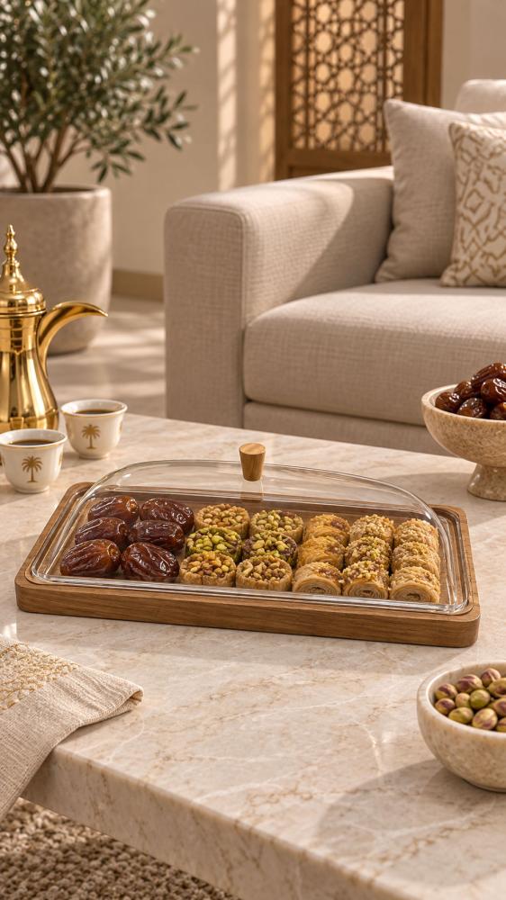 صحن ضيافة ذهبي دائري بقاعدة فاخرة