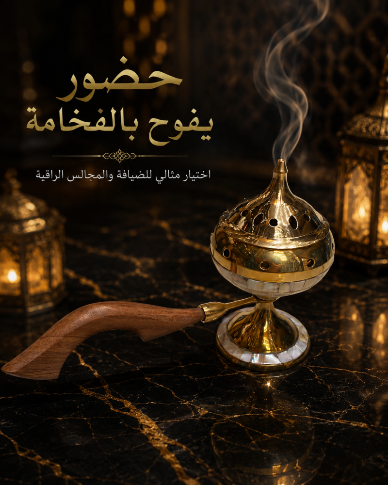 مبخرة هندية ذهبية بمقبض خشبي