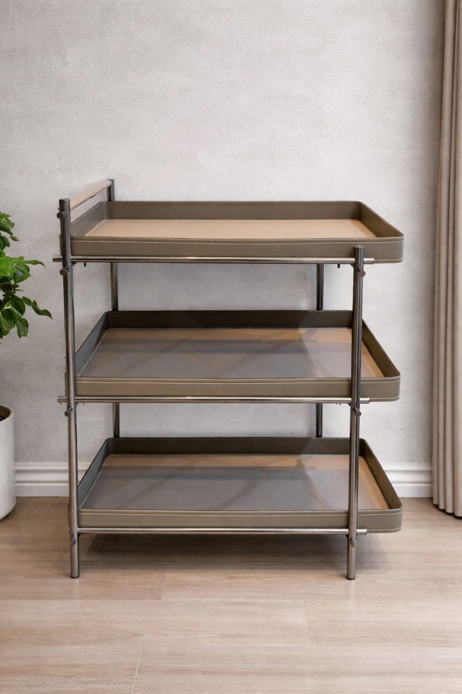 Luxury hospitality cart with three levels – leather design with an elegant metal frame