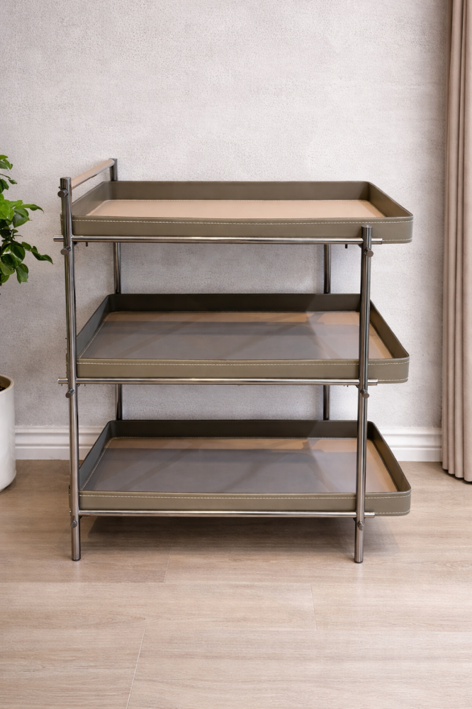 Luxury hospitality cart with three levels – leather design with an elegant metal frame