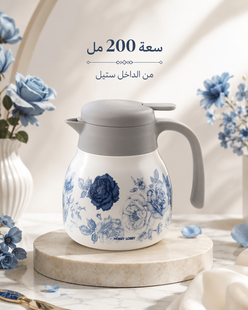 ترمس قهوة تراثي بنقشة الورد الأزرق 1.2 لتر