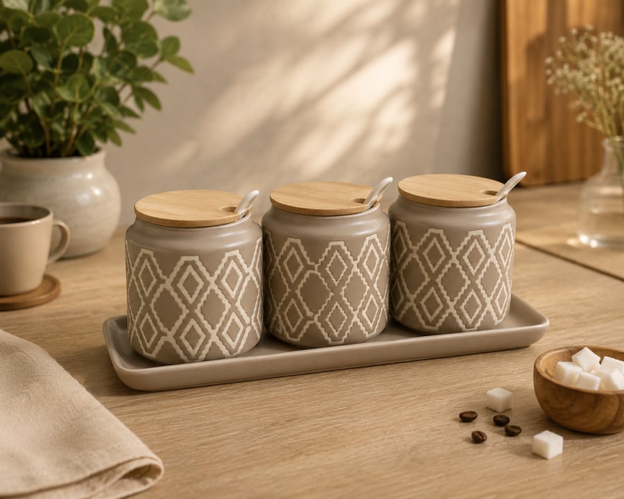 Coffee canister set with marble design and a marble base