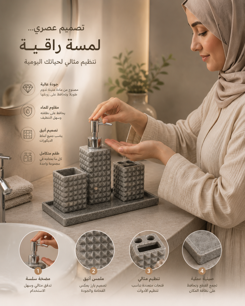 طقم أكسسوارات مغسلة رخامي فاخر - رمادي مربع