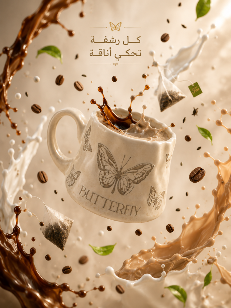 كوب قهوه  بنقشه الفراشه