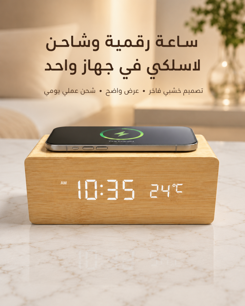 ساعه ديكور رقميه بشاحن لا سلكي للهاتف