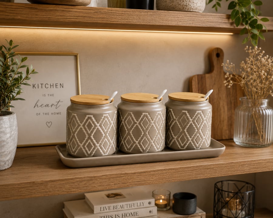 Coffee canister set with marble design and a marble base