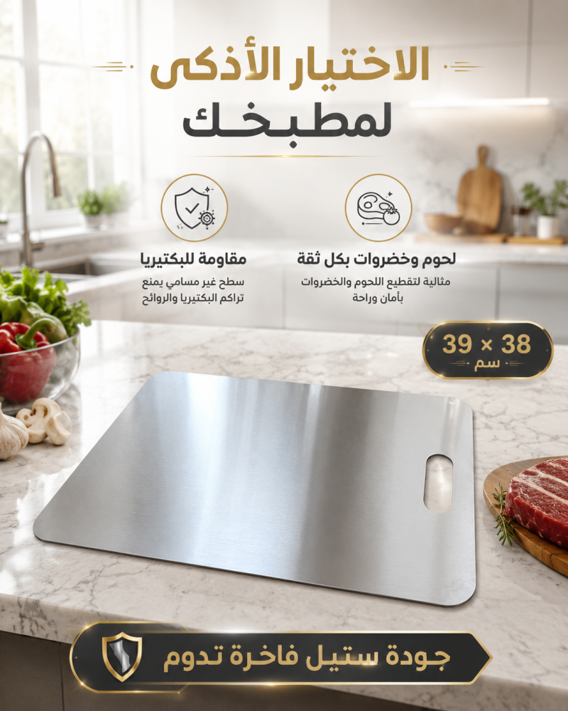 لوح تقطيع ستيل فضي مقاوم للبكتيريا – مقاس وسط 39 × 30 سم