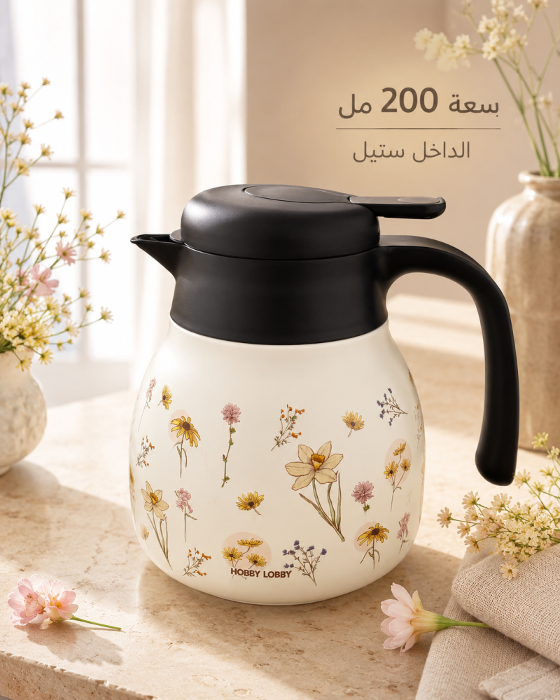 ترمس قهوة مزهر بغطاء أسود 1.2 لتر
