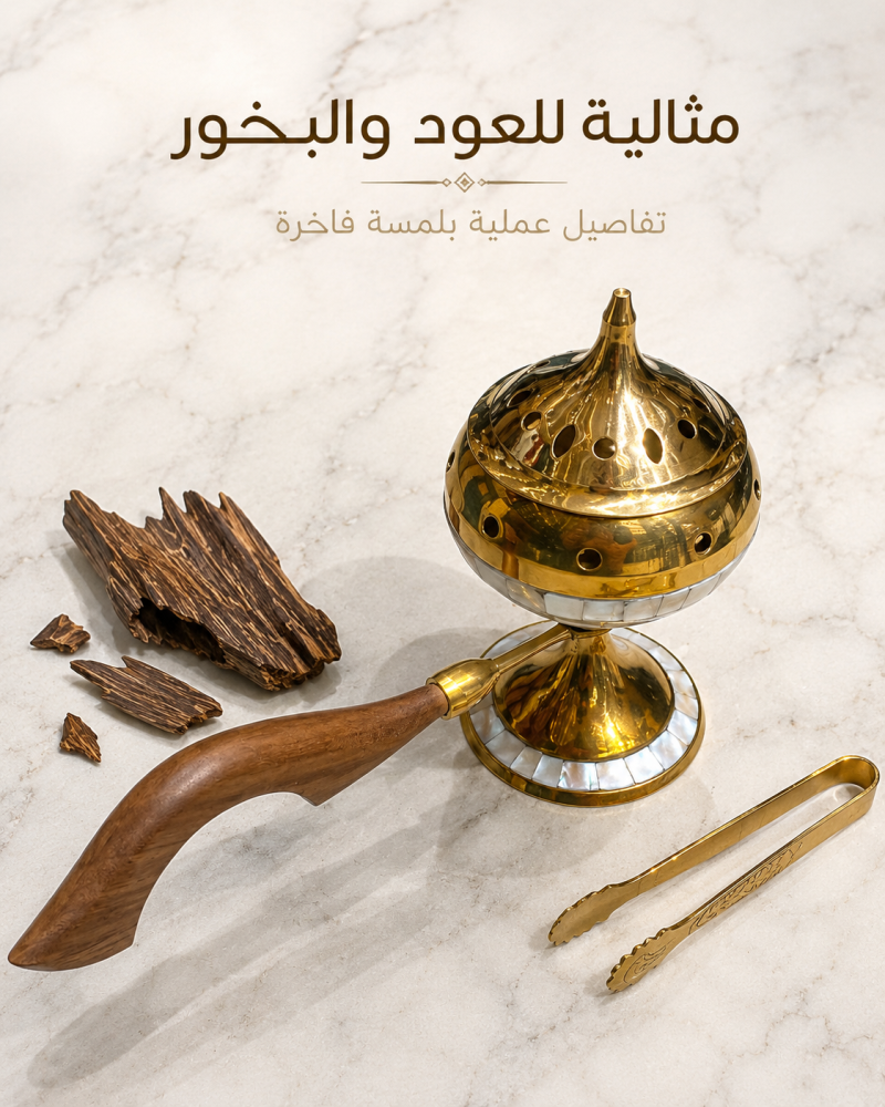 مبخرة هندية ذهبية بمقبض خشبي