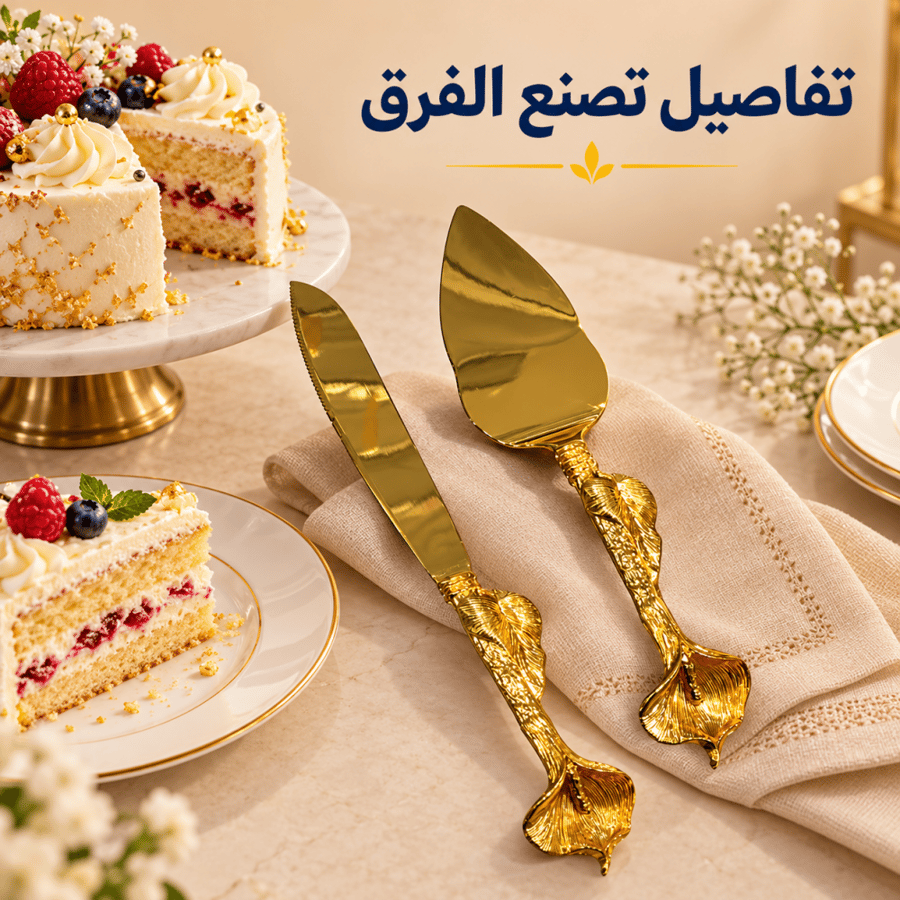 طقم تقطيع كيك ذهبي بمقابض أوراق use